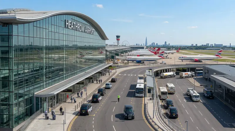 Cars and passengers on the forecourt outside a Heathrow terminal building