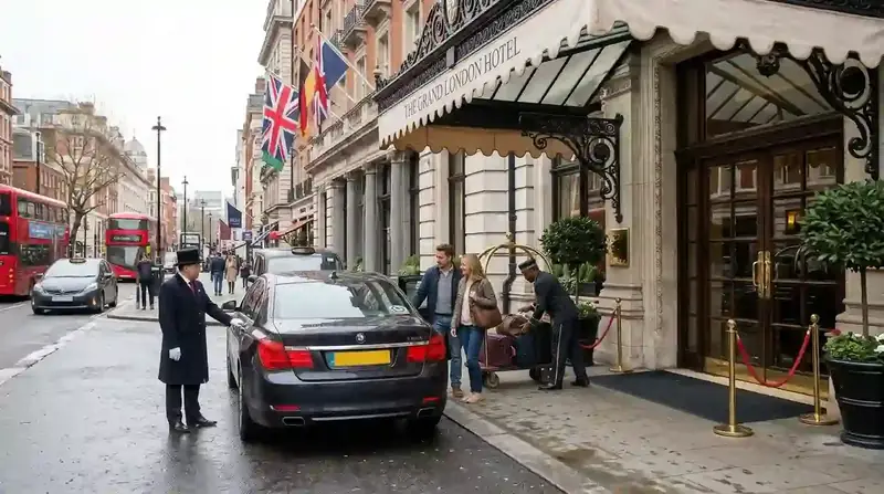 Driver opening the car door for a passenger outside a hotel