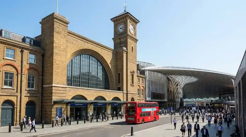 The brick front and clock tower of King's Cross station with a red bus outside