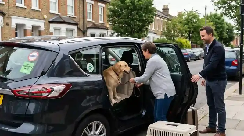 Owner and driver helping a dog into the back of a people carrier