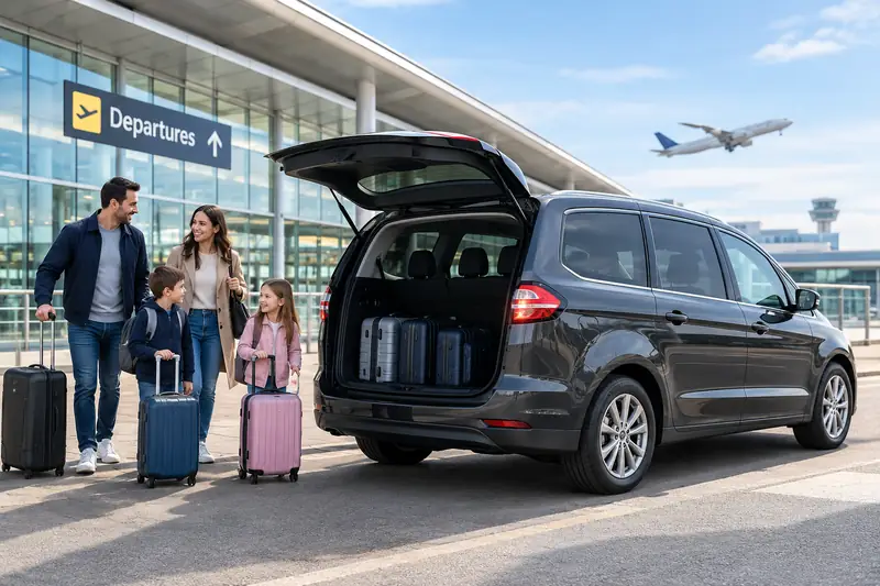 Family with suitcases standing beside an open six seater MPV at an airport